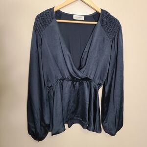 Saints & Hearts Black Satin Faux Wrap Blouse